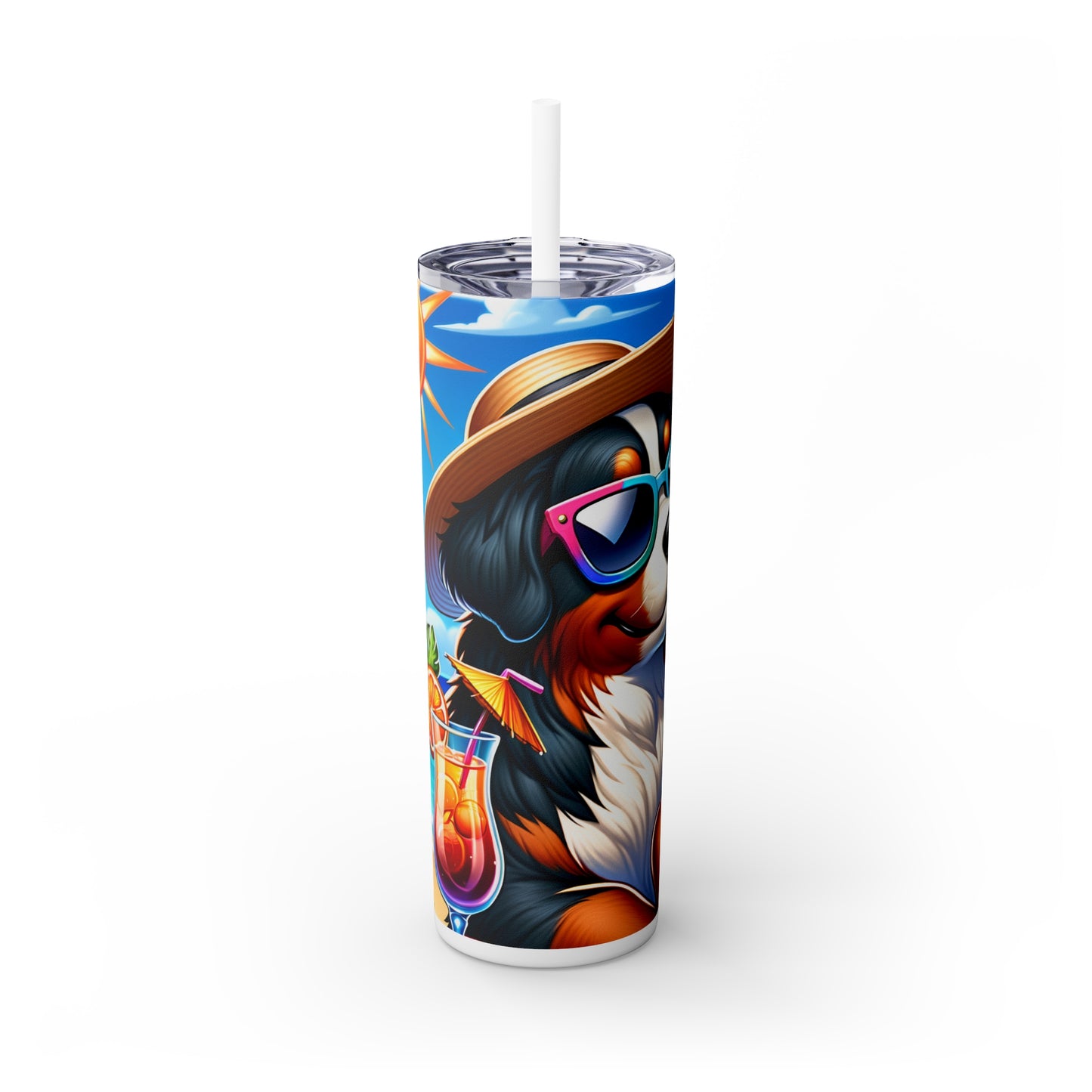 Skinny Tumbler with Straw, 20oz, Dog on Beach, Bernese Mountain, awd-1108