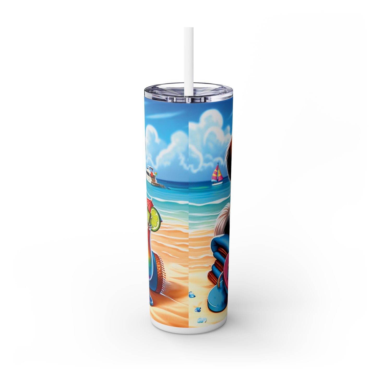 Skinny Tumbler with Straw, 20oz, Dog on Beach, Pekinese, awd-1230