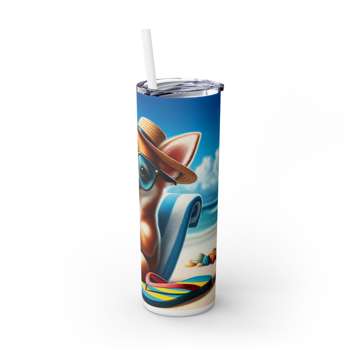 Skinny Tumbler with Straw, 20oz, Dog on Beach, Chihuahua, awd-1205