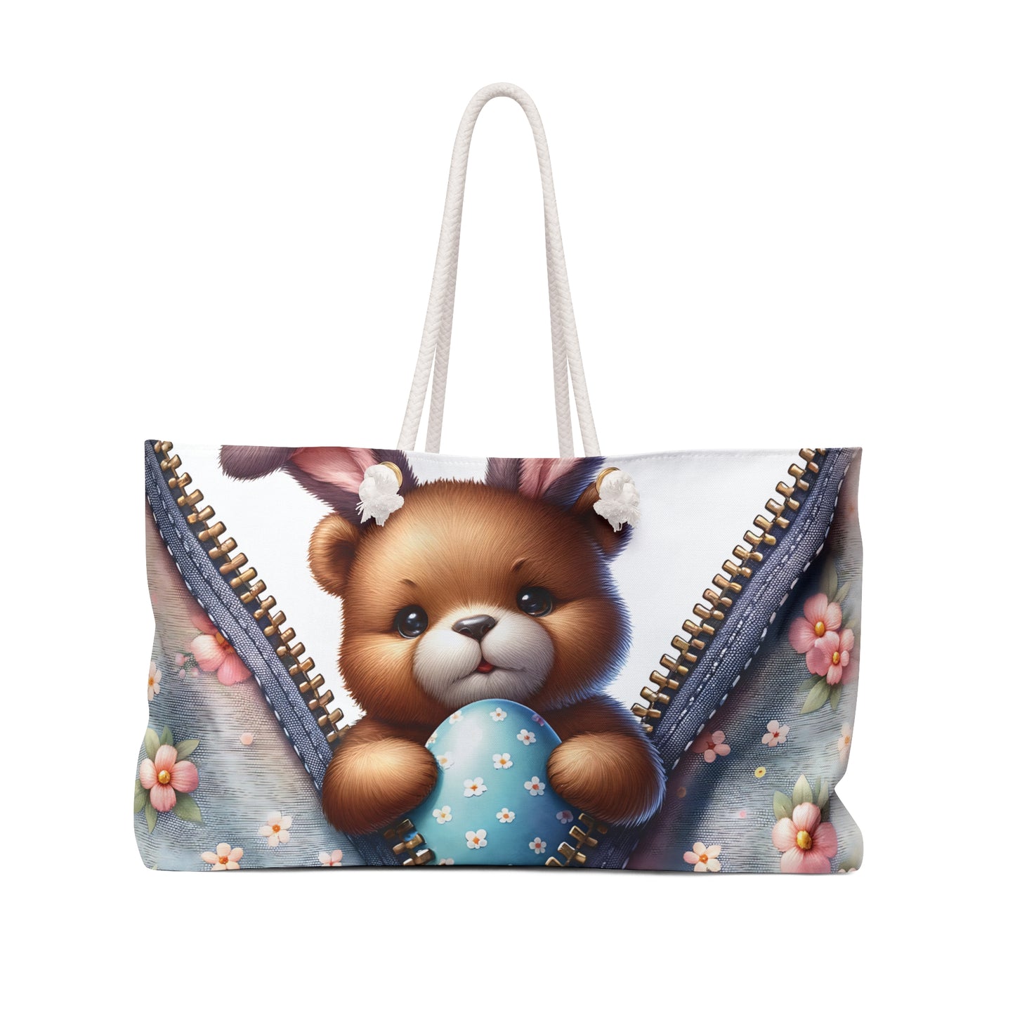 Personalised/Non-Personalised Weekender Bag, Easter, Cute Bear with Bunny Ears, Large Weekender Bag, Beach Bag, Book Bag