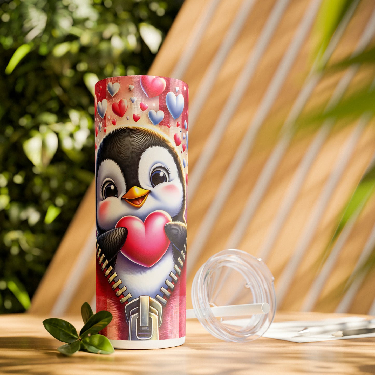 Skinny Tumbler with Straw, 20oz, Penguin, Valentines Day