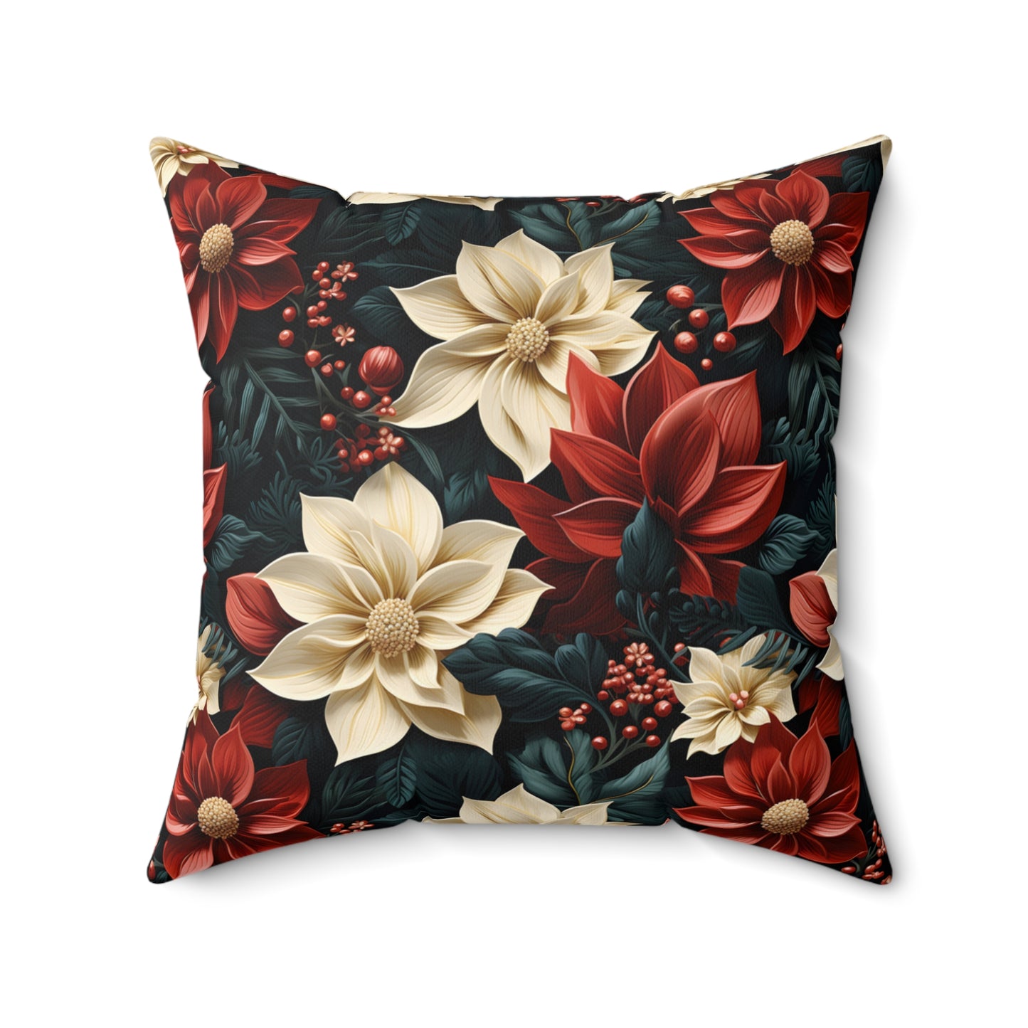 Spun Polyester Square Pillow, Poinsettia Floral Cushion