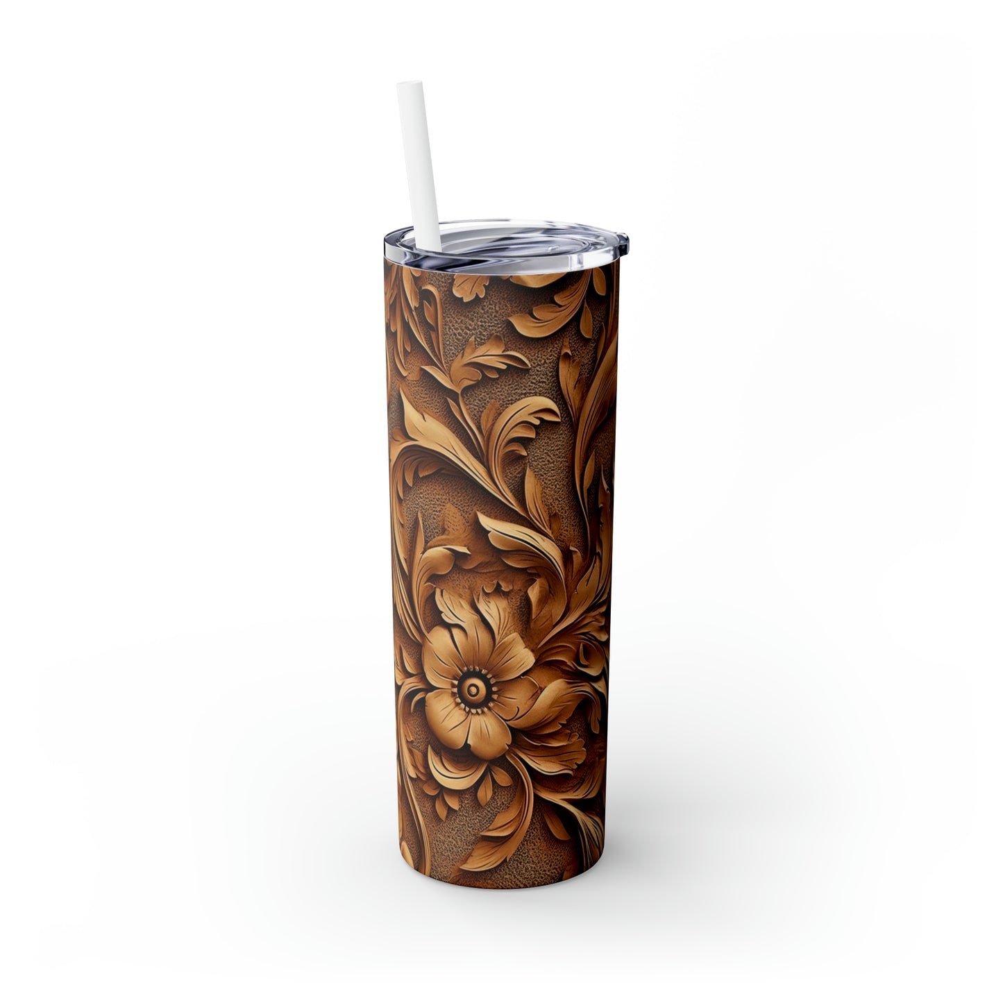 Skinny Tumbler with Straw, 20oz,  Floral carved wood/leather look awd-347