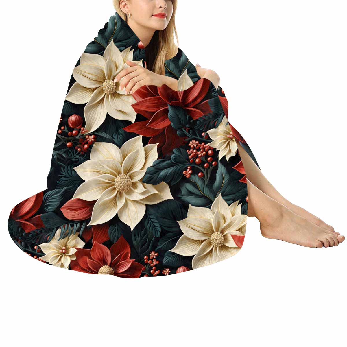 Red Poinsettia  Circular Micro Fleece Blanket 47"