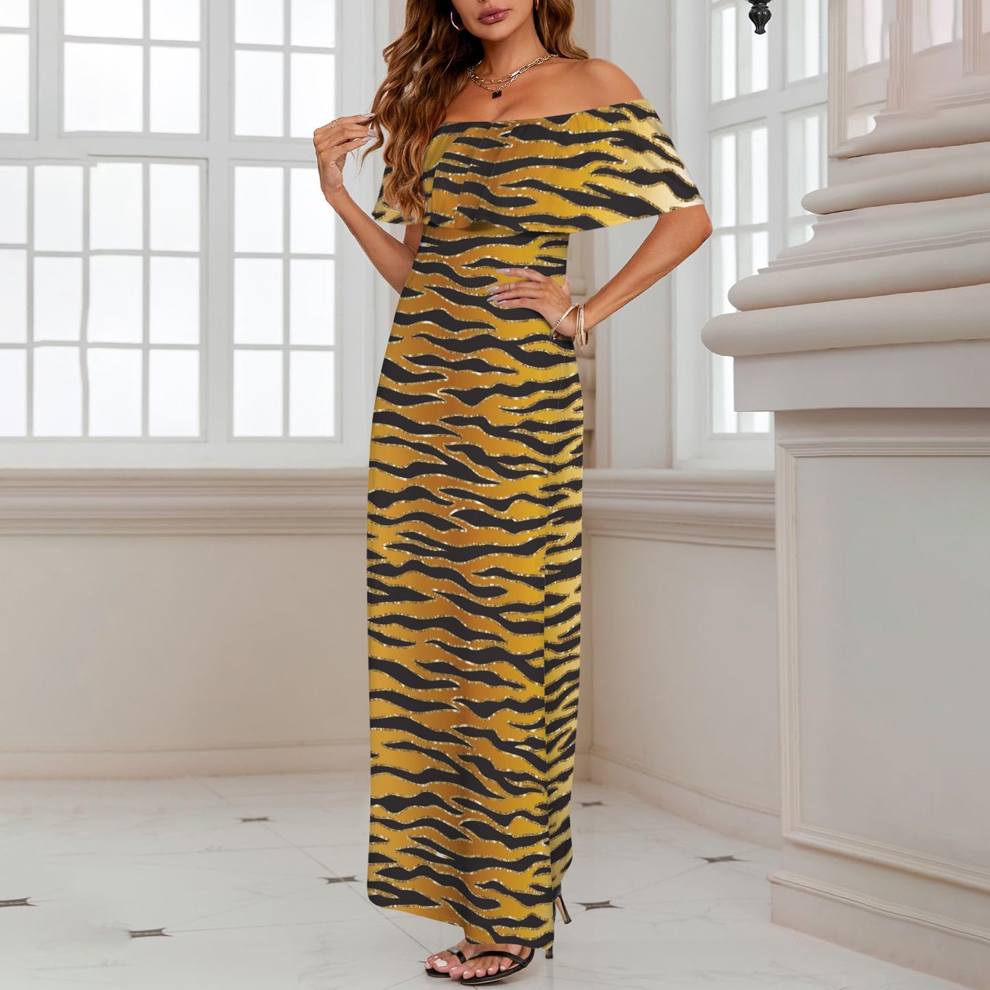 Glitter Look Gold Animal Print Women's Off Shoulder Ruffle Boat Neck Dress (Model D71)