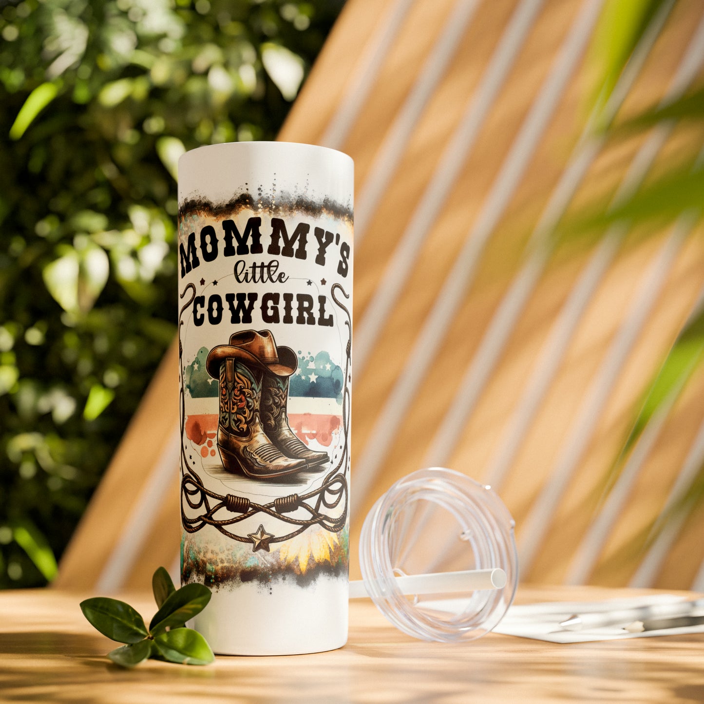 Skinny Tumbler with Straw, 20oz, Sunflowers, Western, Quote, Mommy's Little Cowgirl