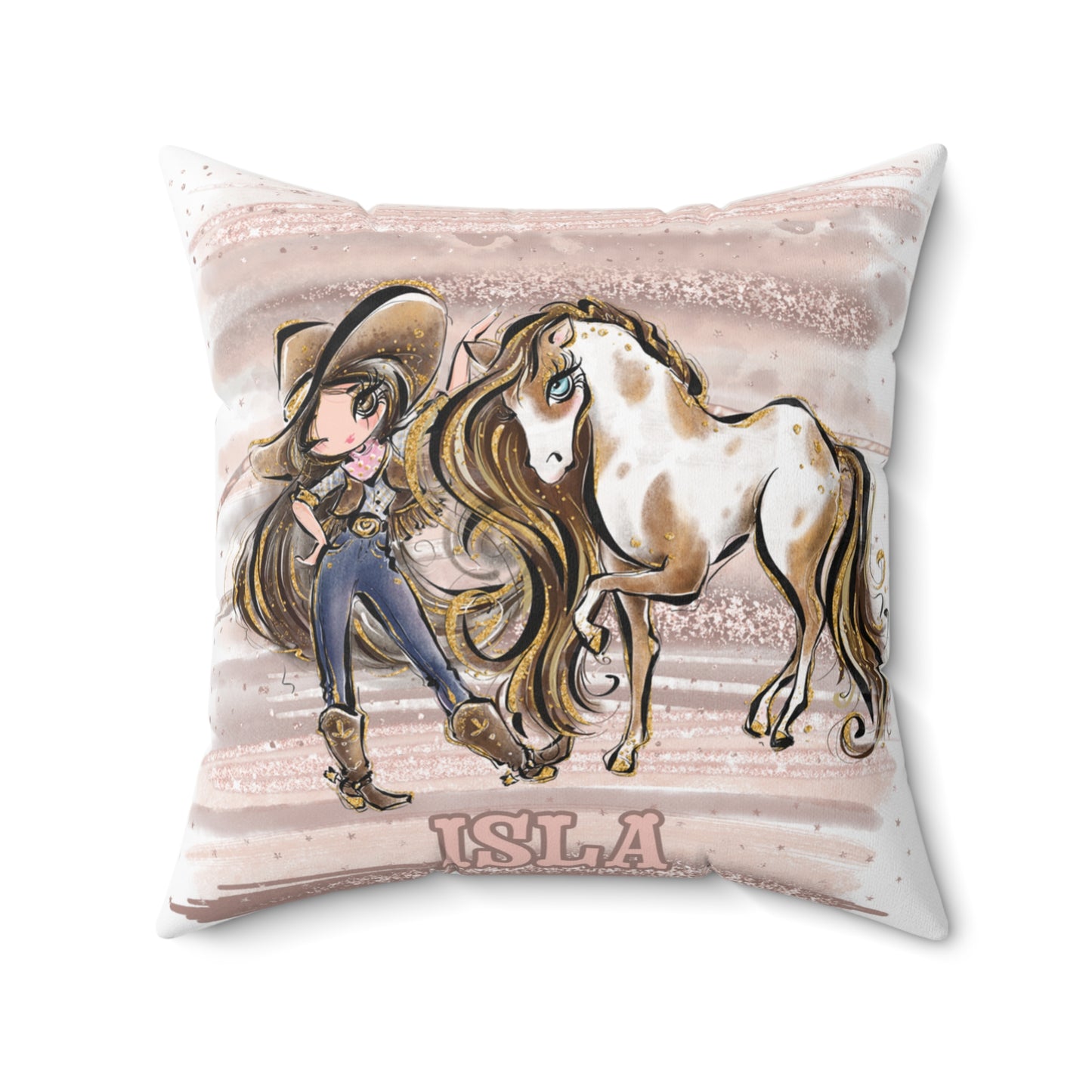 Personalised Cowgirl and Horse Cushion,  Brown Hair, Brown Eyes, Polyester Square Cushion, Christmas cushion