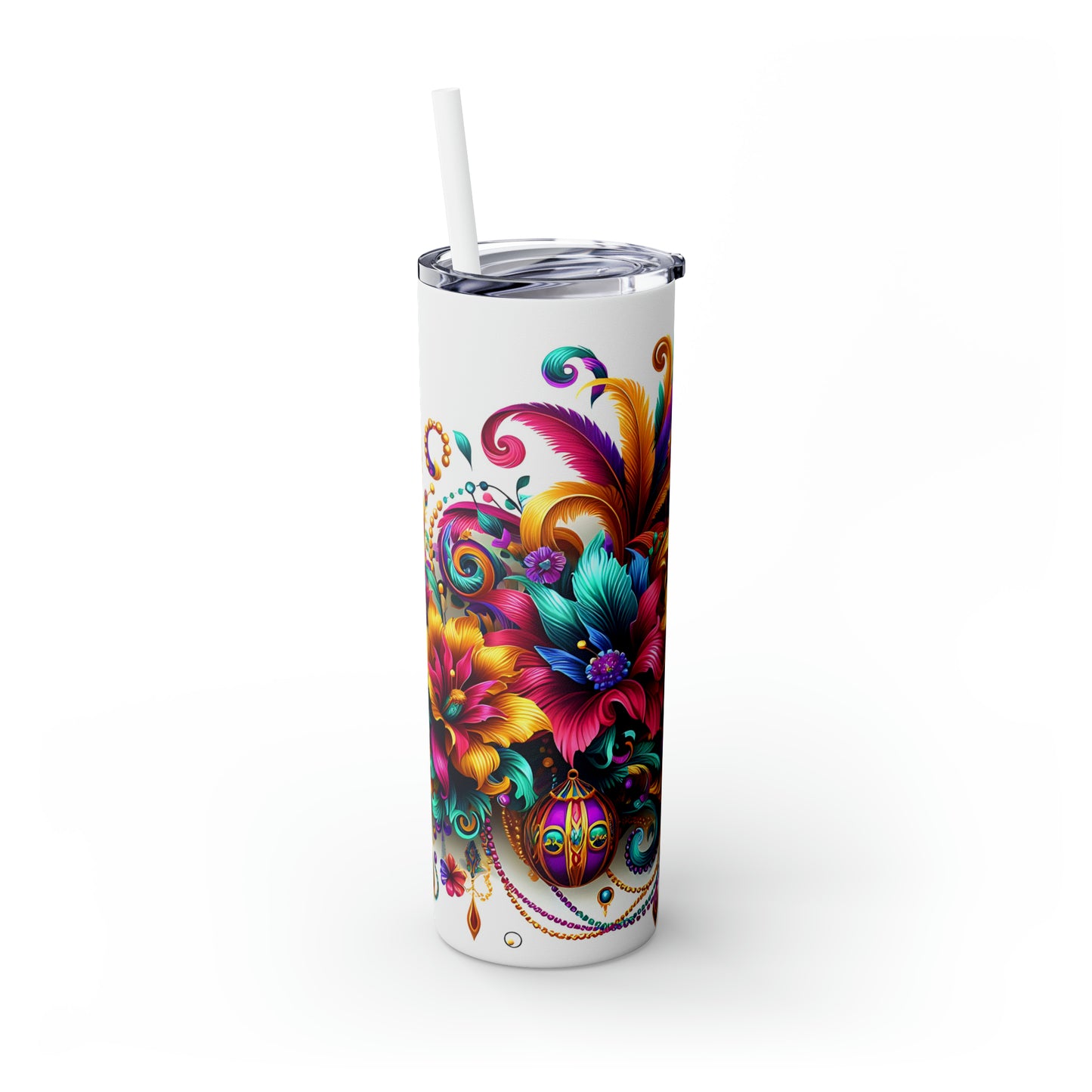 Skinny Tumbler with Straw, 20oz, Floral, Mardi Gras