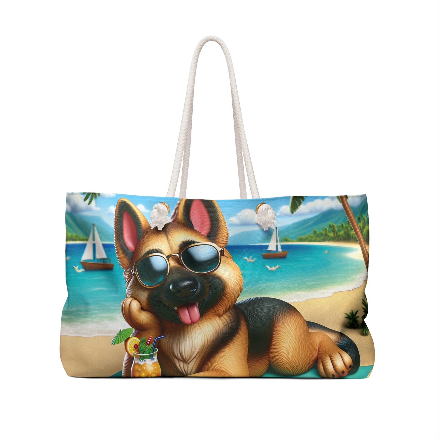 Personalised/Non-Personalised Weekender Bag, Summer Beach Dog, German Shepherd, Large Weekender Bag, Beach Bag, Book Bag