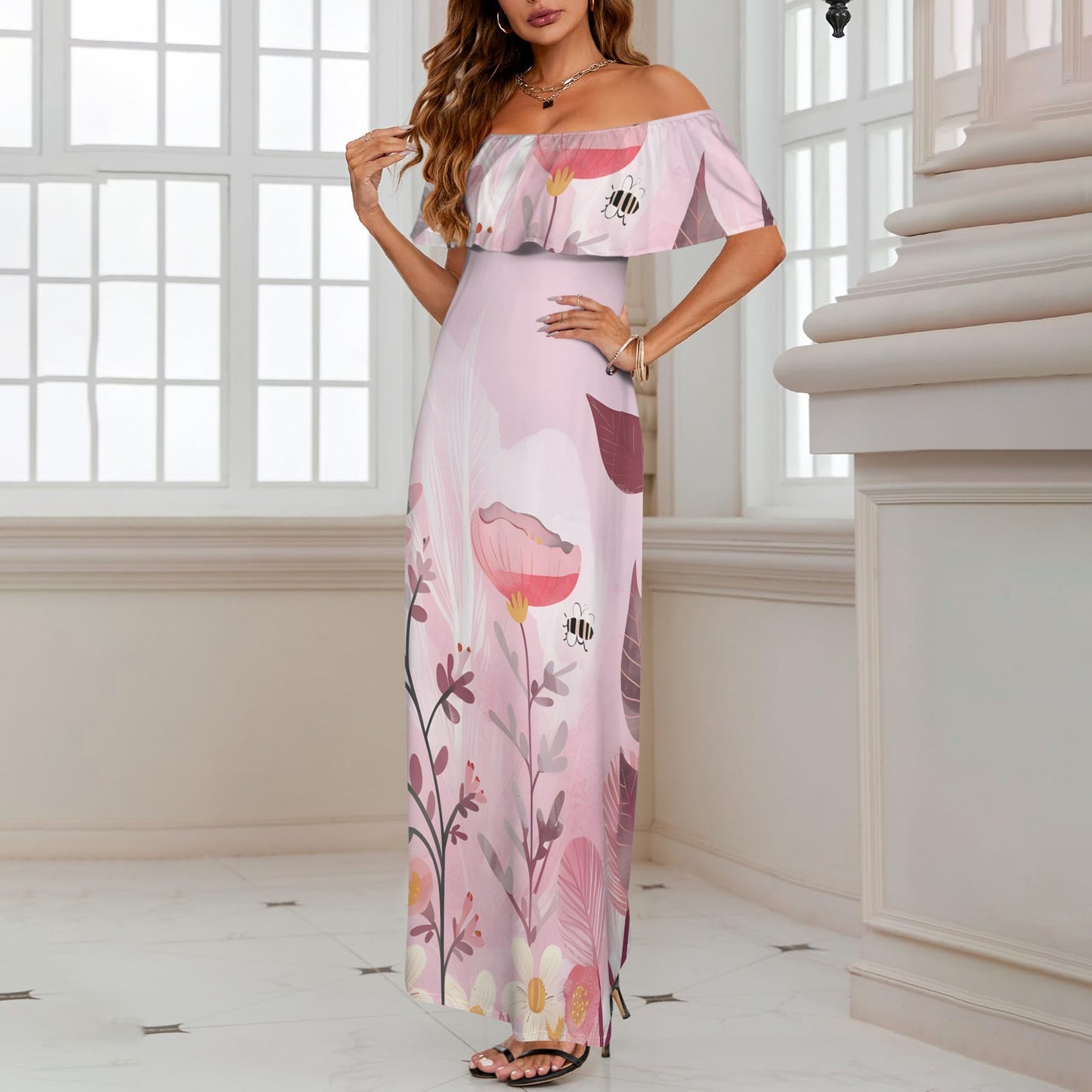 Jessica Women's Off Shoulder Ruffle Boat Neck Dress (Model D71)