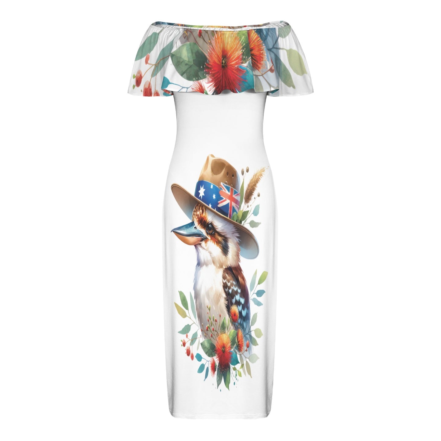 Kookaburra awd1338 Women's Off Shoulder Ruffle Boat Neck Dress (Model D71)