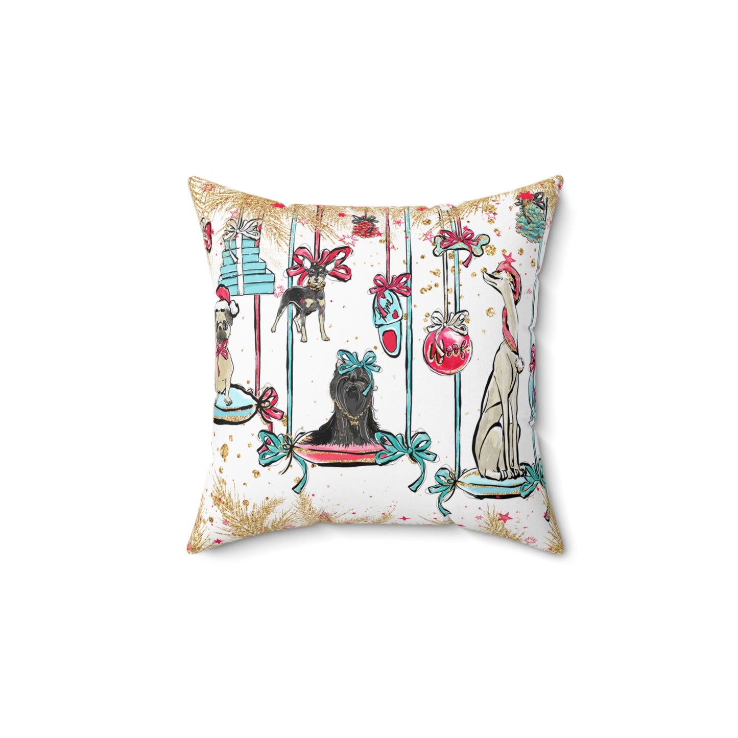 Spun Polyester Square Pillow, Doggie Ornaments Christmas Cushion