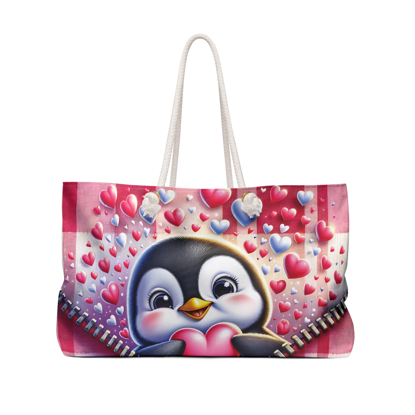 Personalised/Non-Personalised Weekender Bag, Cute Penguin, Zipper, Valentines Day, Large Weekender Bag, Beach Bag, Book Bag