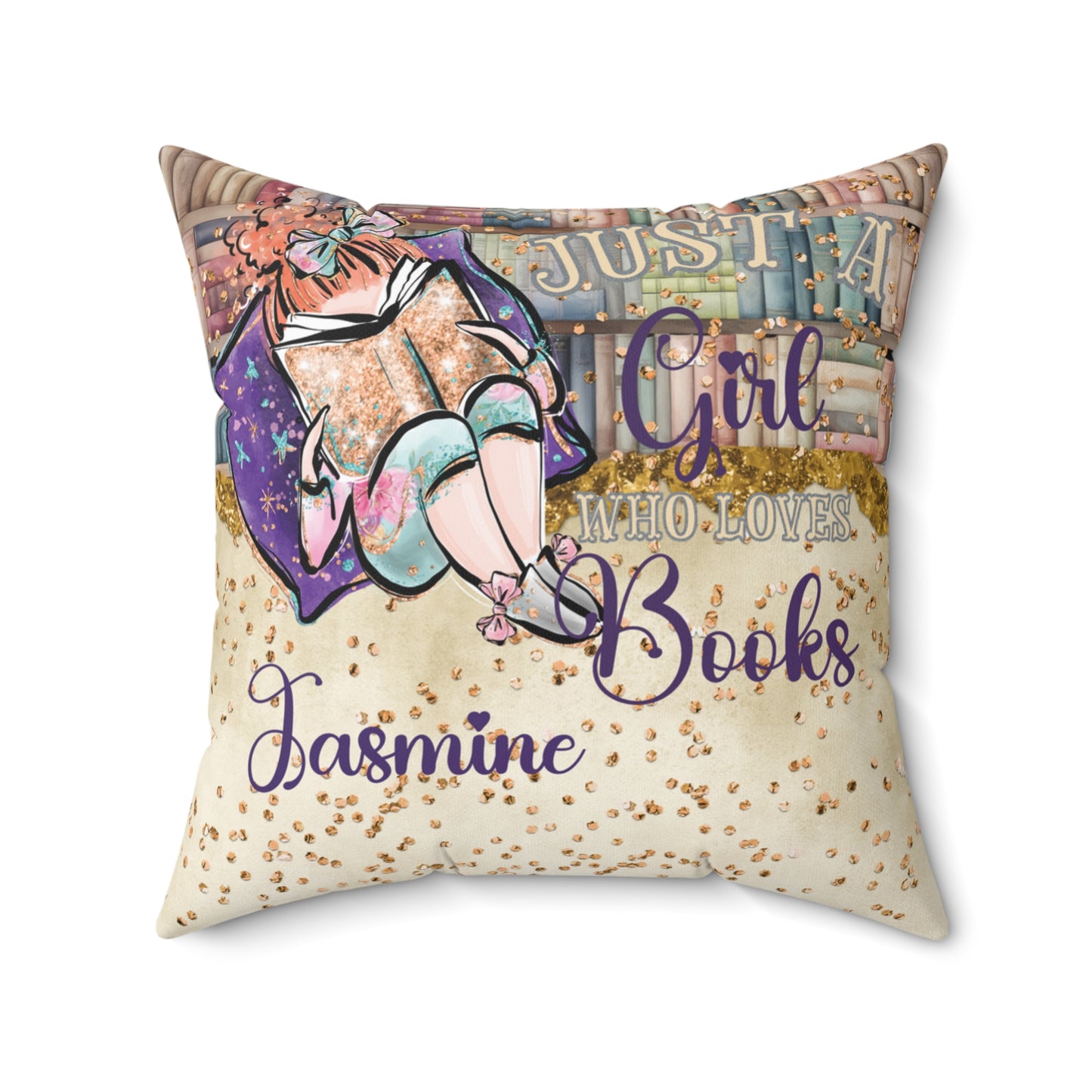 Polyester Square Pillow, Just a Girl who Loves Books, Red Hair