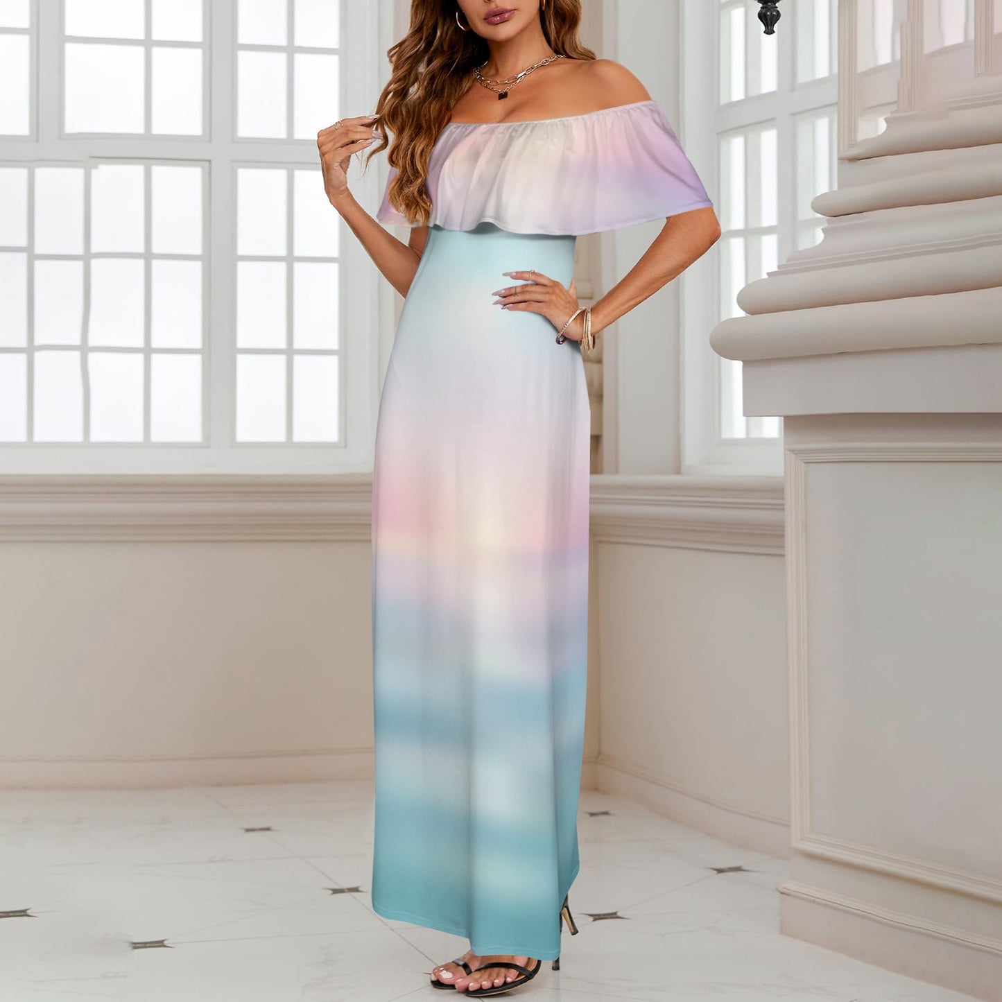 Sea blue sunrise Women's Off Shoulder Ruffle Boat Neck Dress (Model D71)
