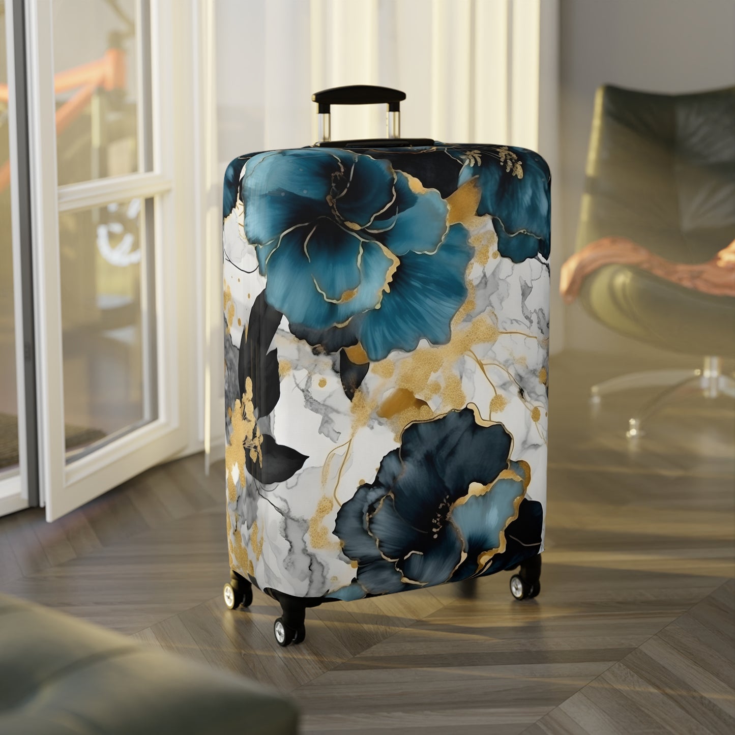 Luggage Cover, Alcohol Ink Black, Blue and Gold Floral