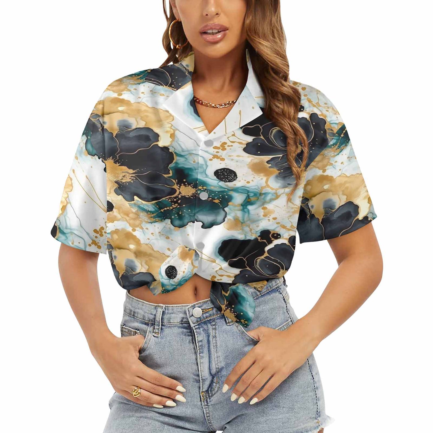 Black Gold & Green Ink Floral  Women's Hawaiian Shirt