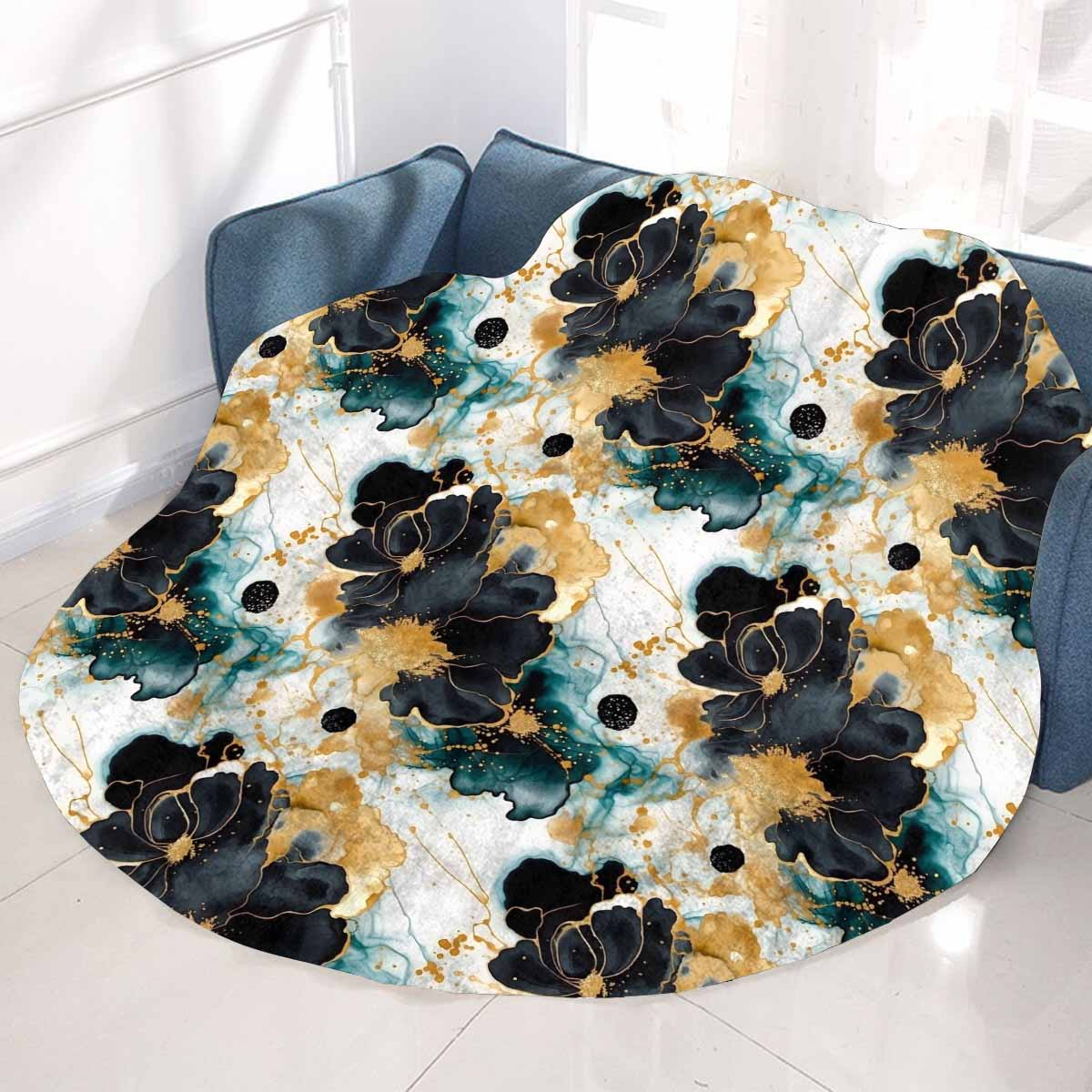 Black Gold & Green Ink Floral  Circular Micro Fleece Blanket 60"