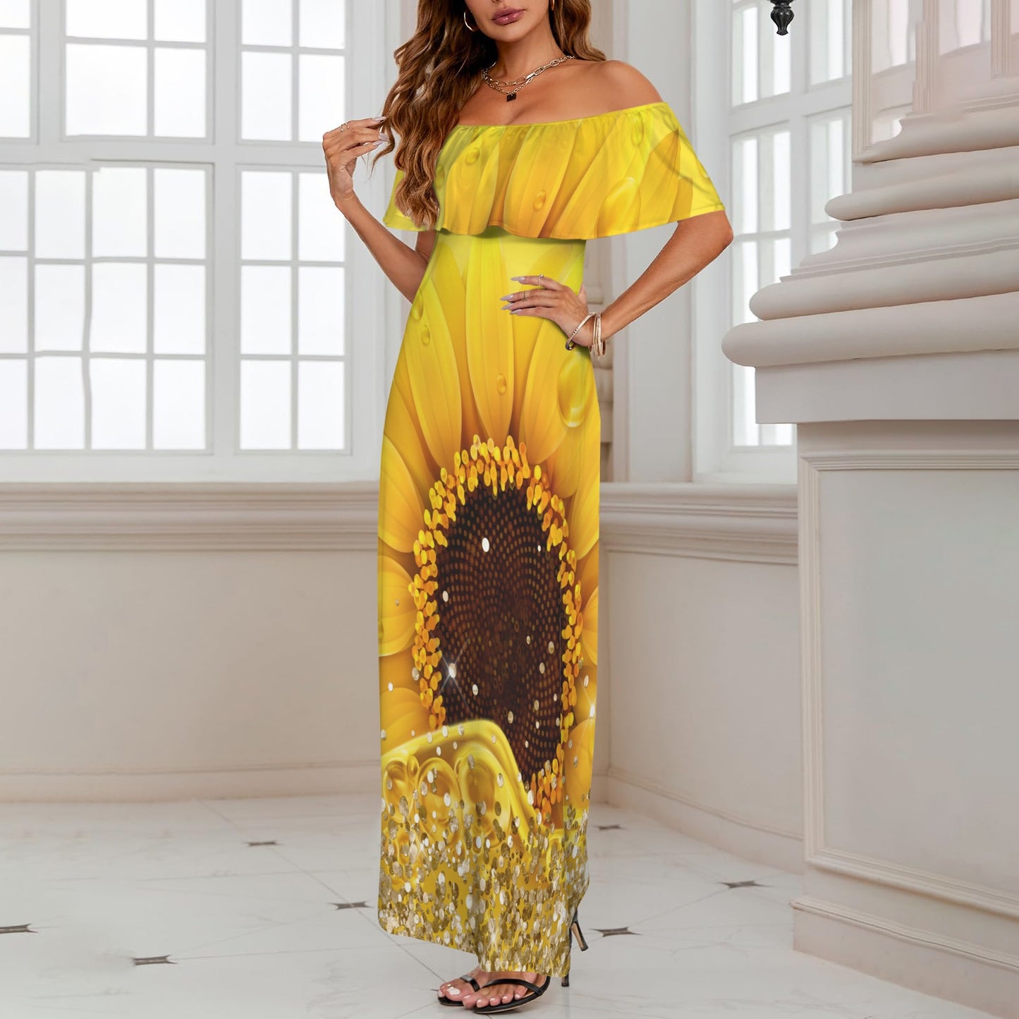 Sunflower awd1347 Women's Off Shoulder Ruffle Boat Neck Dress (Model D71)