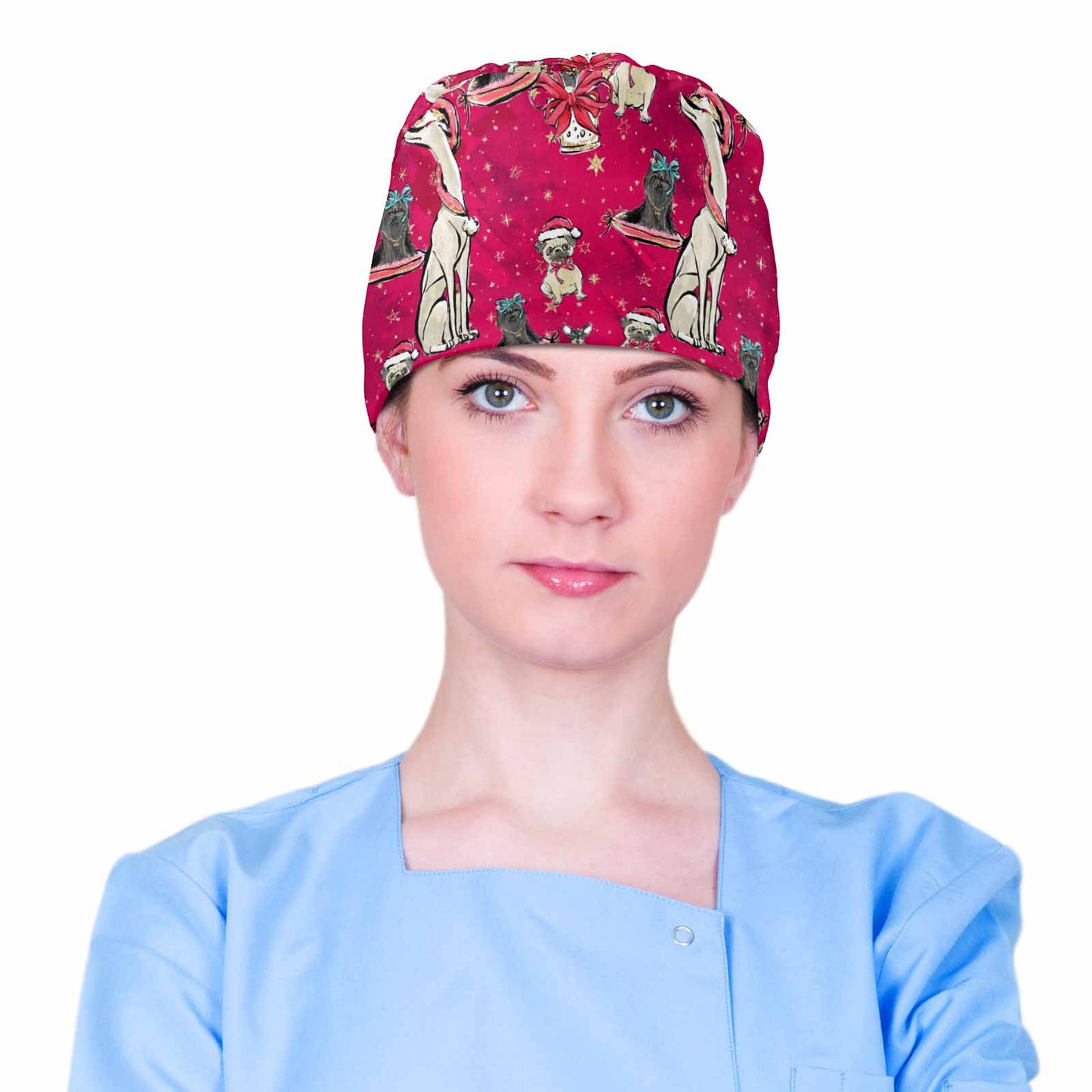 Nurse Scrub Cap Doggie Christmas Red  Scrub Cap