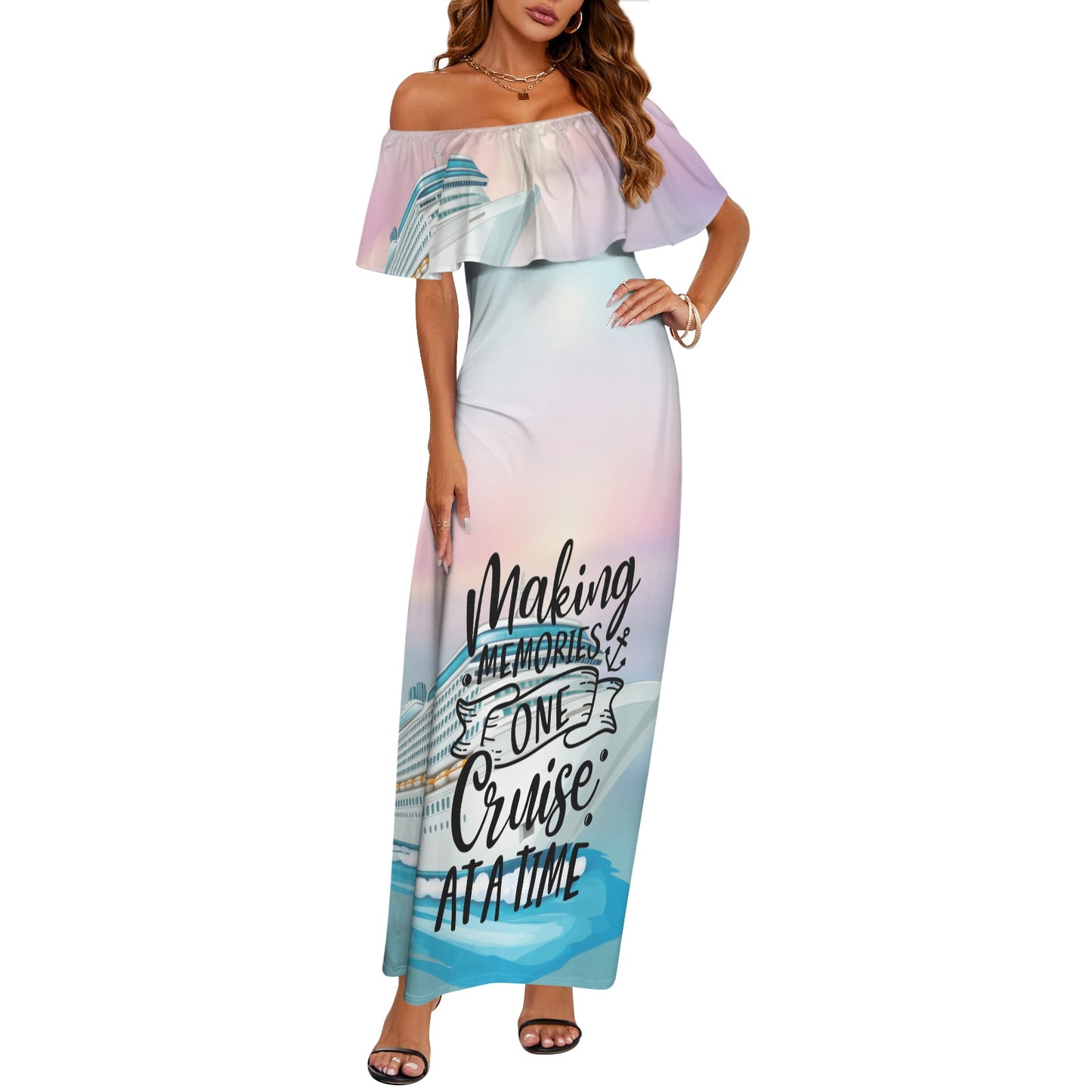 Making Memories one Cruise at a Time Women's Off Shoulder Ruffle Boat Neck Dress (Model D71)