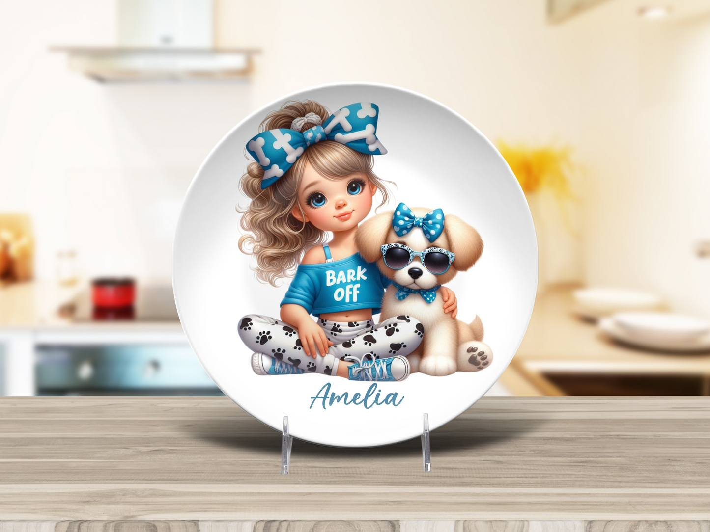 Personalised Girl with Bunny, Cow, Monkey, Penguin, Puppy, Racoon, Swan, Teddy Bear, Zebra Plates