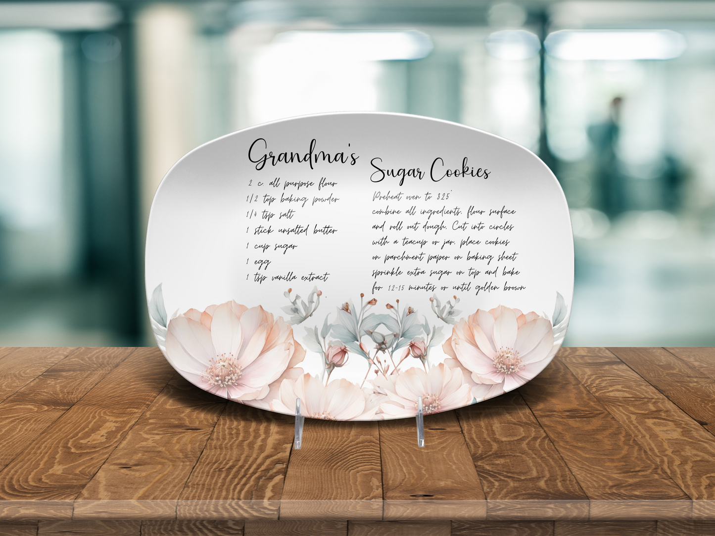 Personalised Teal & Rose Wildflowers Handwritten Family Recipe Heirloom Plate/Platter