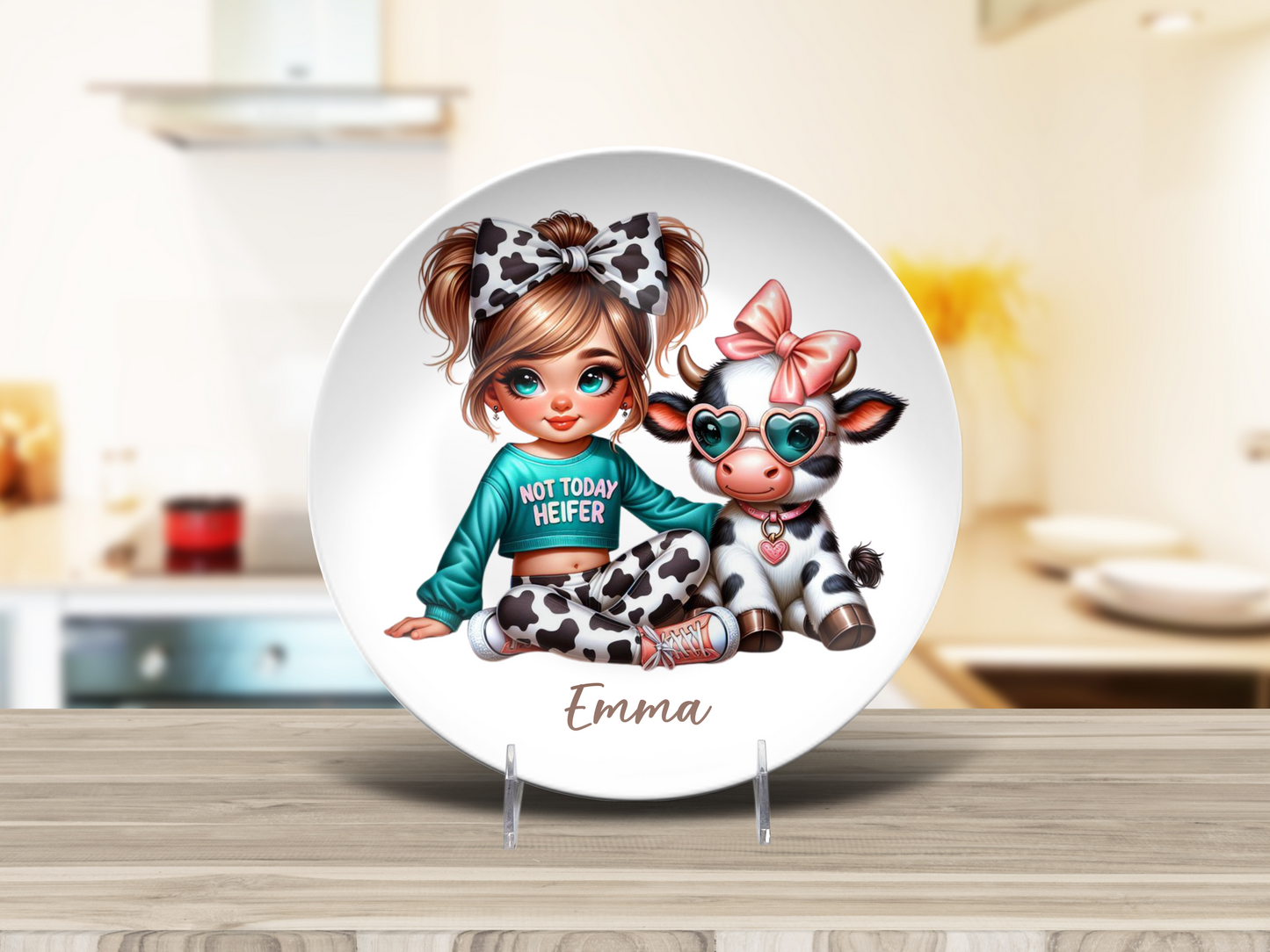 Personalised Girl with Bunny, Cow, Monkey, Penguin, Puppy, Racoon, Swan, Teddy Bear, Zebra Plates