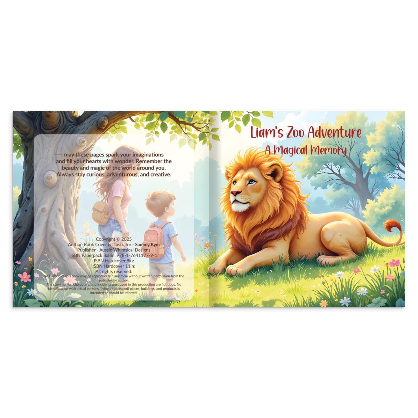 Children's book open to a page with a lion and a child in a forest setting, titled 'Liam's Zoo Adventure'.