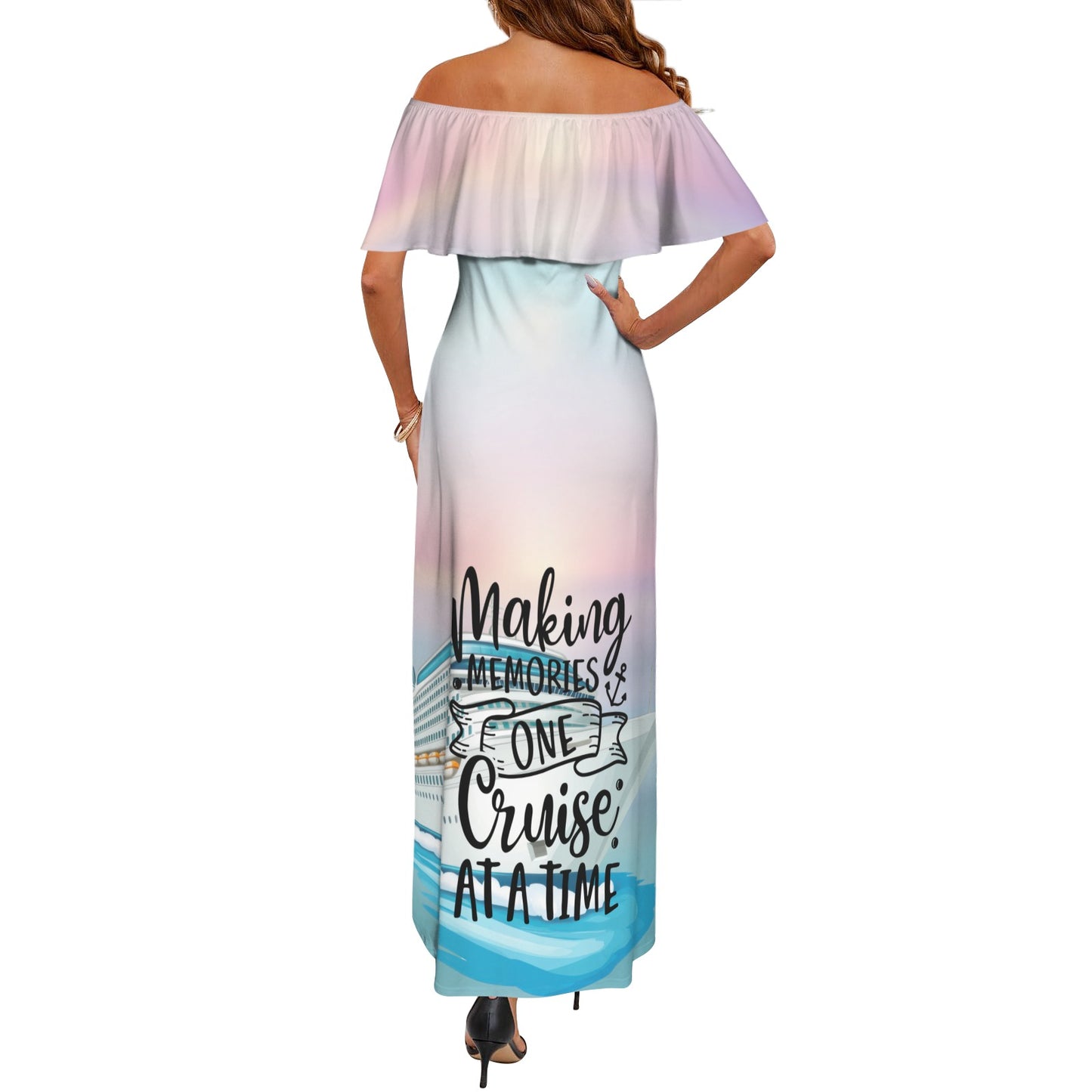 Making Memories one Cruise at a Time Women's Off Shoulder Ruffle Boat Neck Dress (Model D71)