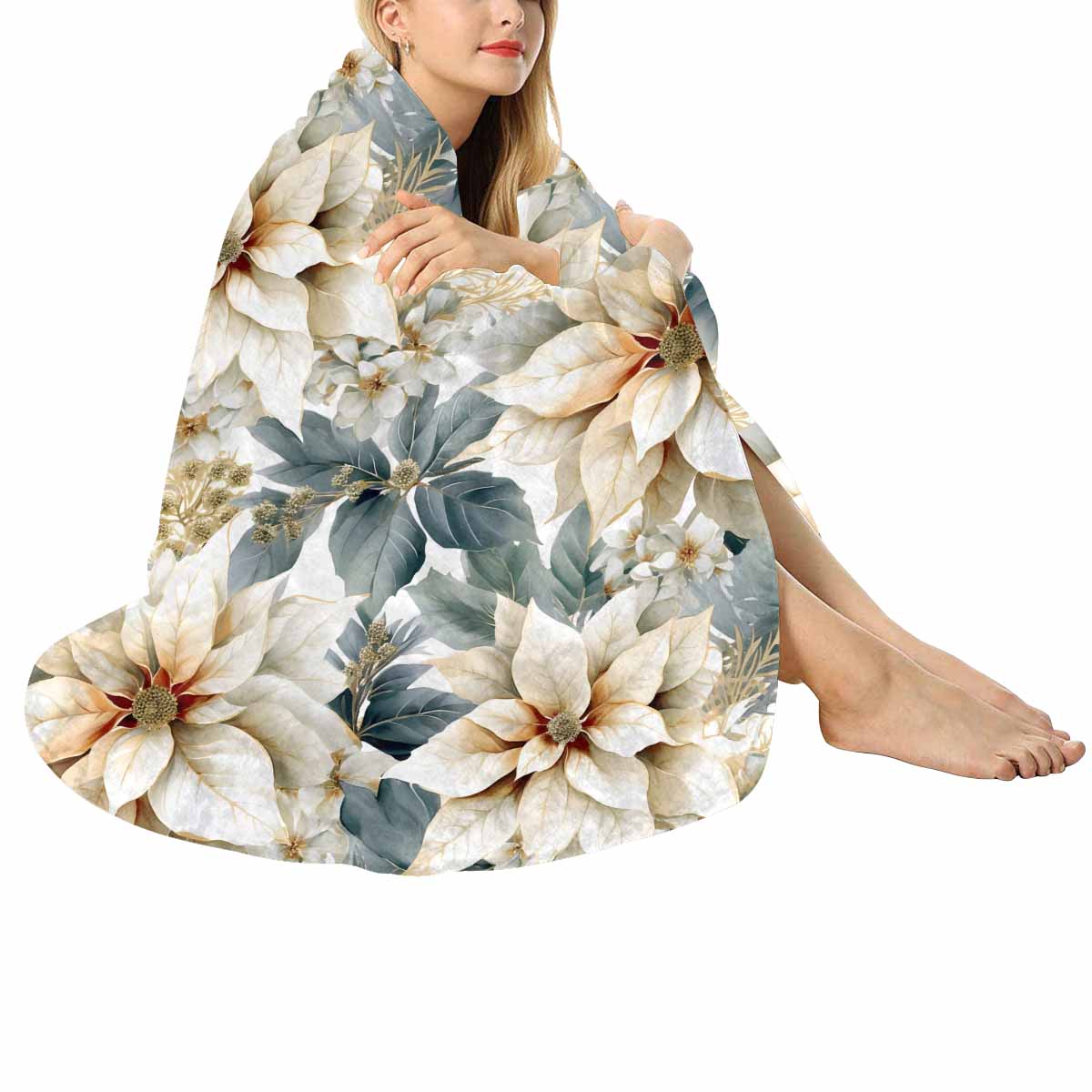 Cream Poinsettia  Circular Micro Fleece Blanket 47"