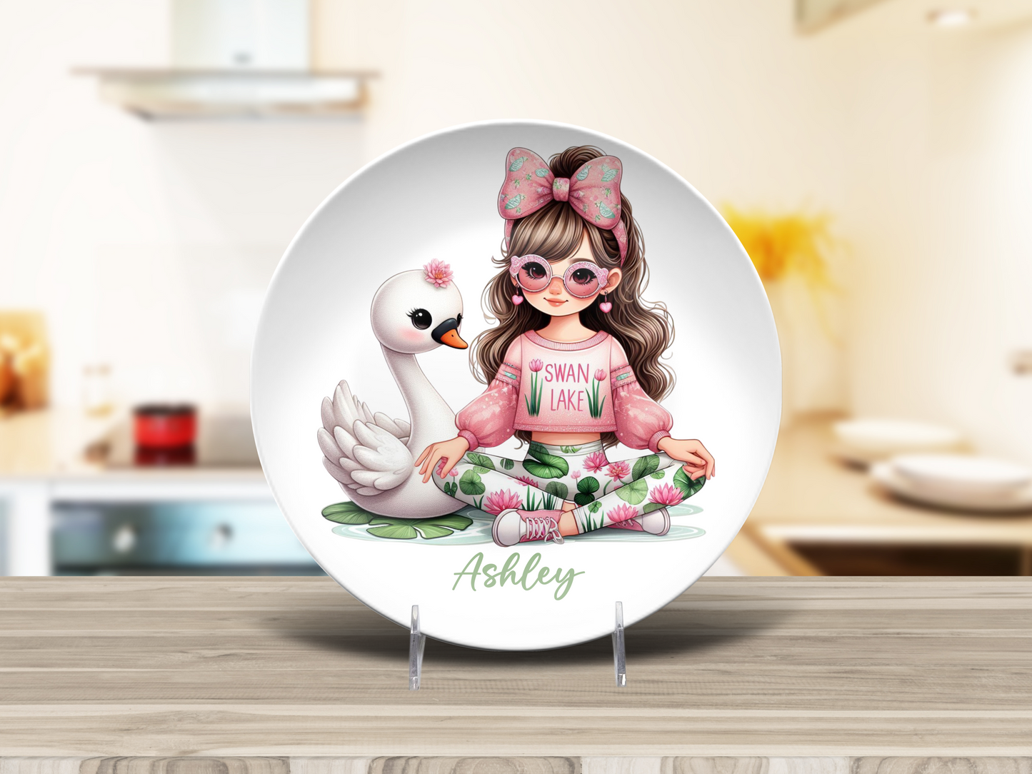 Personalised Girl with Bunny, Cow, Monkey, Penguin, Puppy, Racoon, Swan, Teddy Bear, Zebra Plates