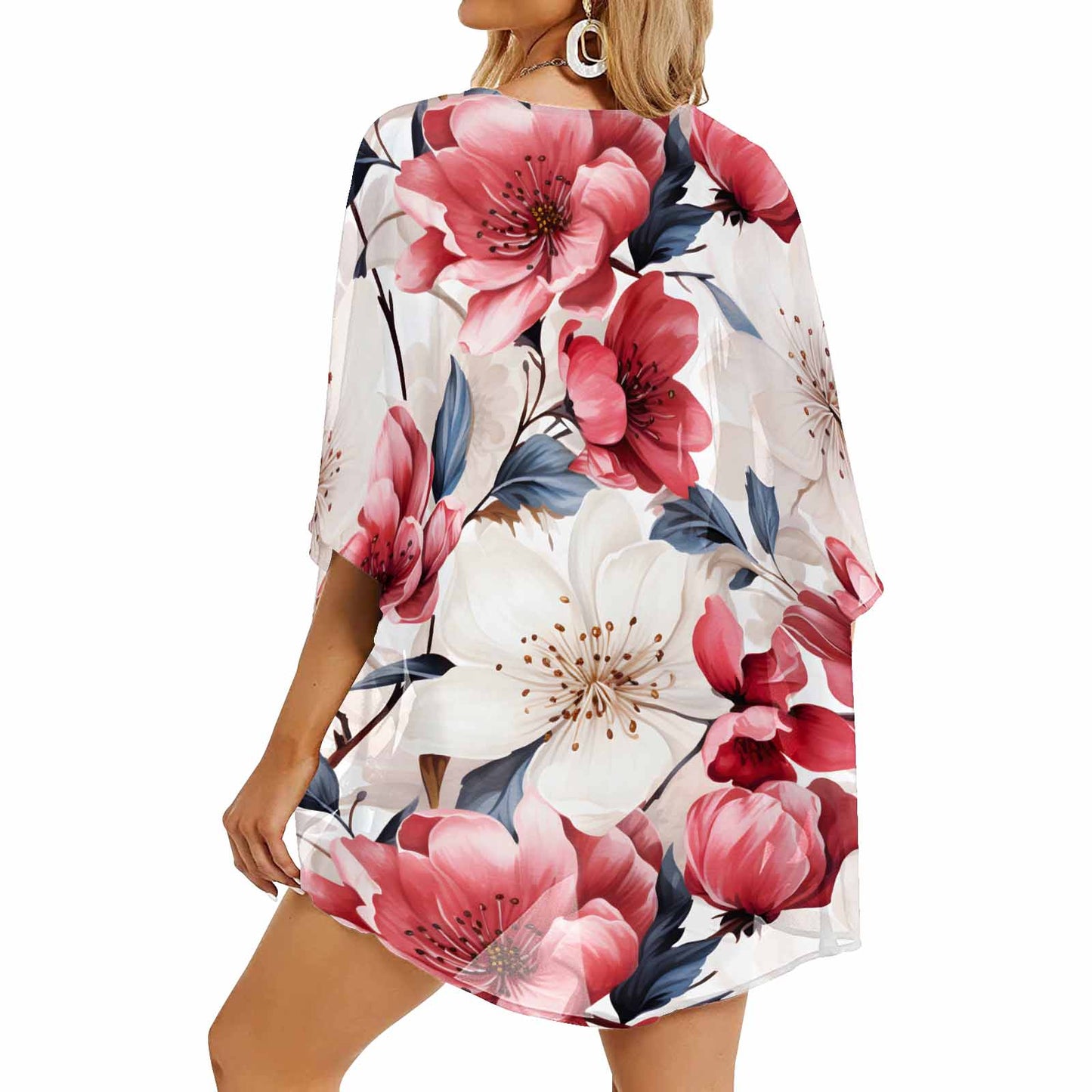 Pink Floral  Women's Kimono Chiffon Cover Up