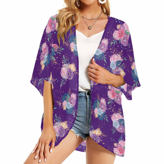 Purple Floral  Women's Kimono Chiffon Cover Up