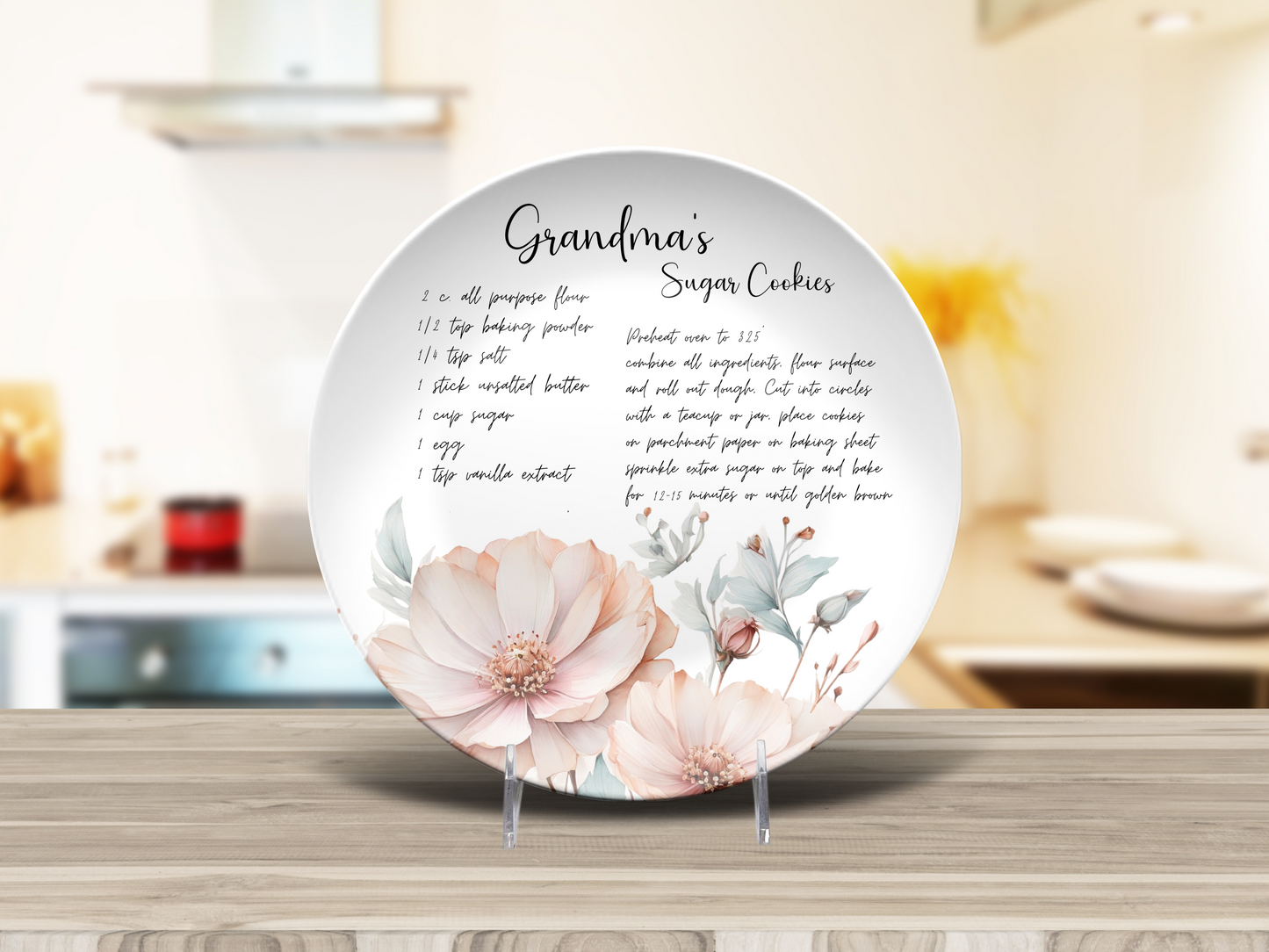 Personalised Teal & Rose Wildflowers Handwritten Family Recipe Heirloom Plate/Platter