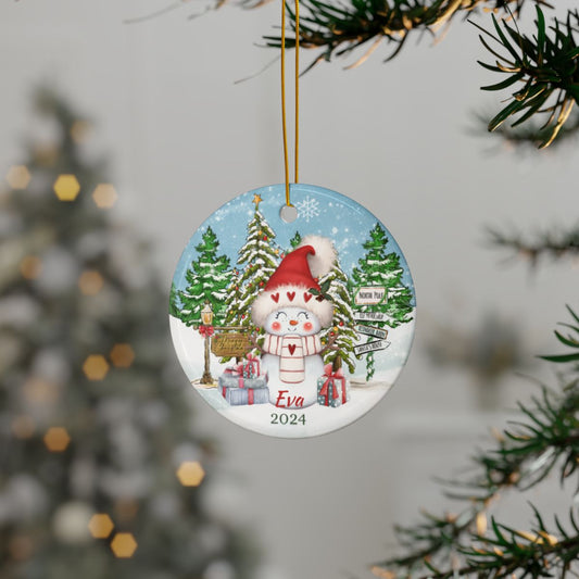 Personalized Snowman Ornament, Custom Ceramic Ornament, Holiday Christmas Decoration, Winter Keepsake Gift, Snowy Scene Ornament