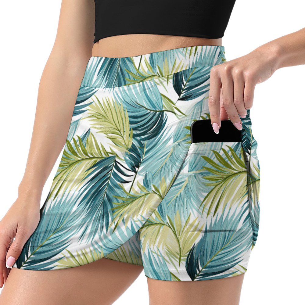 Blue and Green Palm Leaves A-Line Skirt with Pocket Light proof trouser skirt