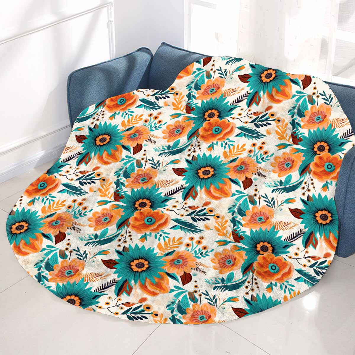 Boho Retro Floral  Circular Micro Fleece Blanket 60"