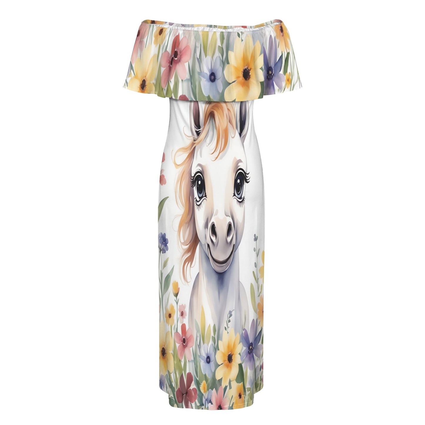 Horse awd304 Women's Off Shoulder Ruffle Boat Neck Dress (Model D71)