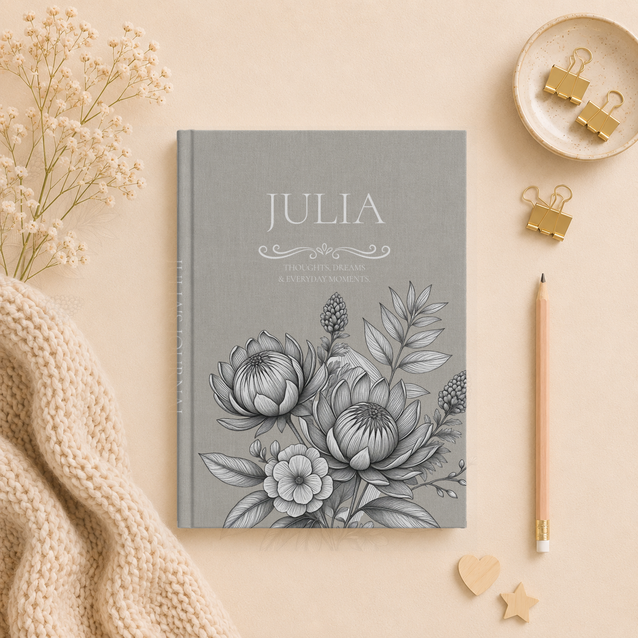 Personalized Linen-look Journal | Custom Hardcover Notebook | Australian Botanical Journal | Elegant Name Notebook