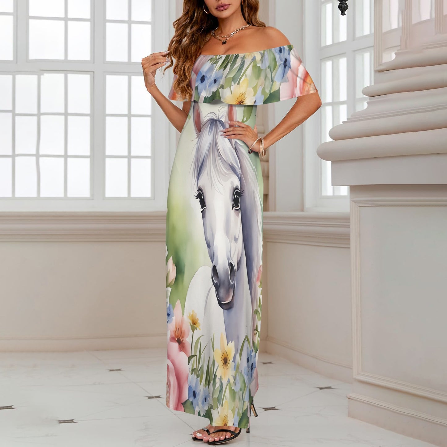 Horse awd303 Women's Off Shoulder Ruffle Boat Neck Dress (Model D71)