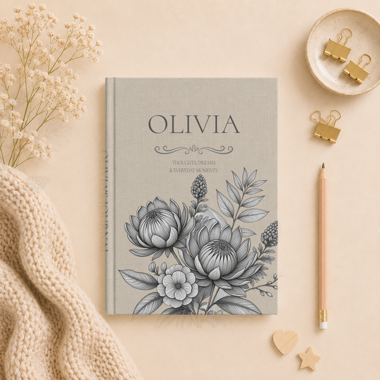 Personalized Linen-look Journal | Custom Hardcover Notebook | Australian Botanical Journal | Elegant Name Notebook