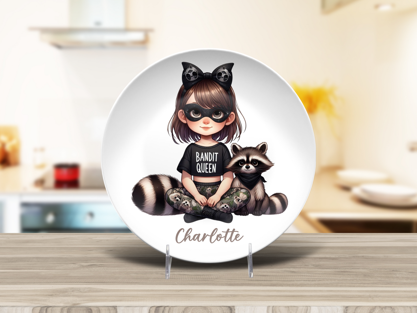 Personalised Girl with Bunny, Cow, Monkey, Penguin, Puppy, Racoon, Swan, Teddy Bear, Zebra Plates