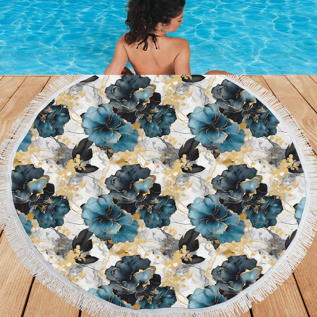 Blue & Gold Ink Floral  Circular Beach Shawl 59"