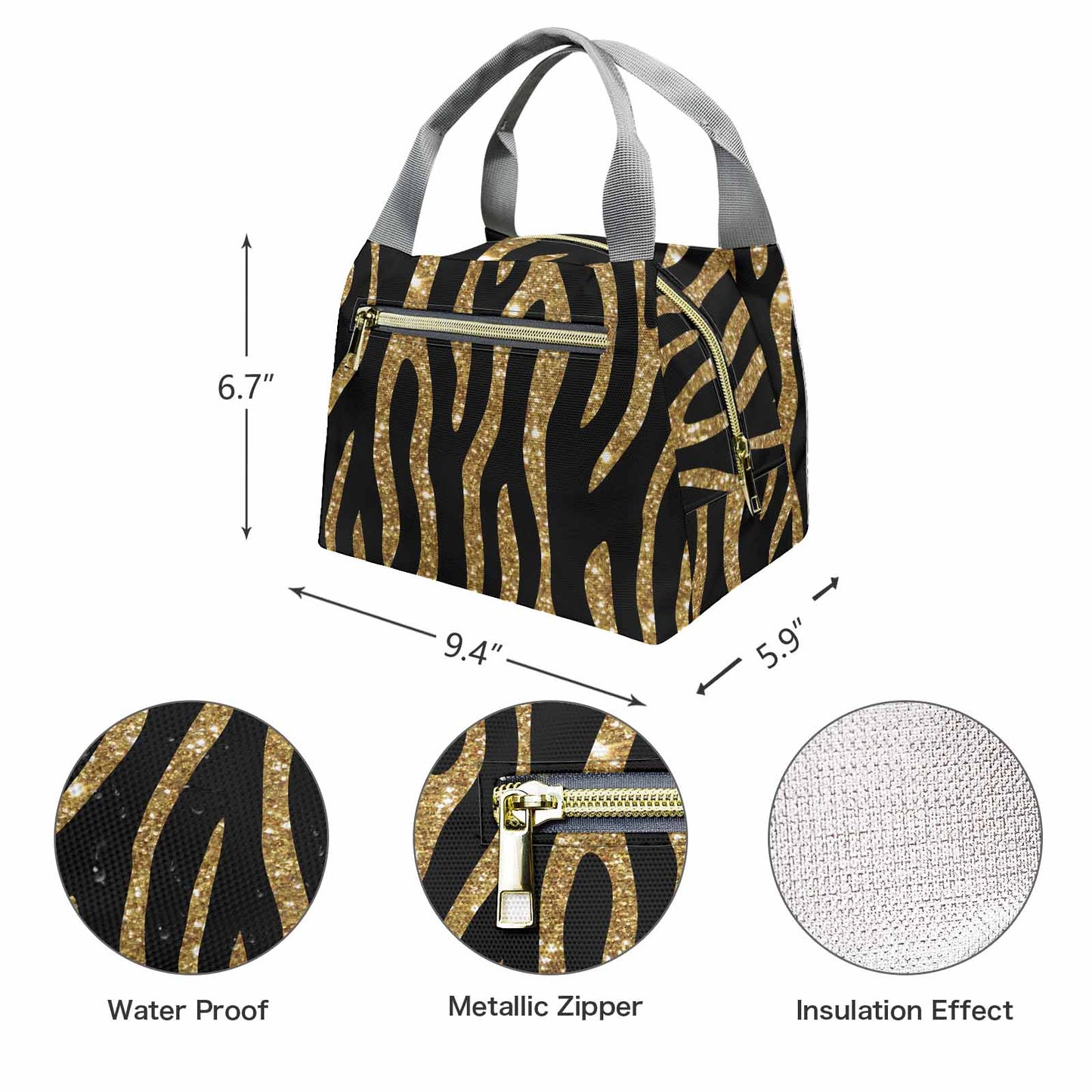 Black and Gold Glitter Leopard Print  Portable Lunch Bag-Grey Handle