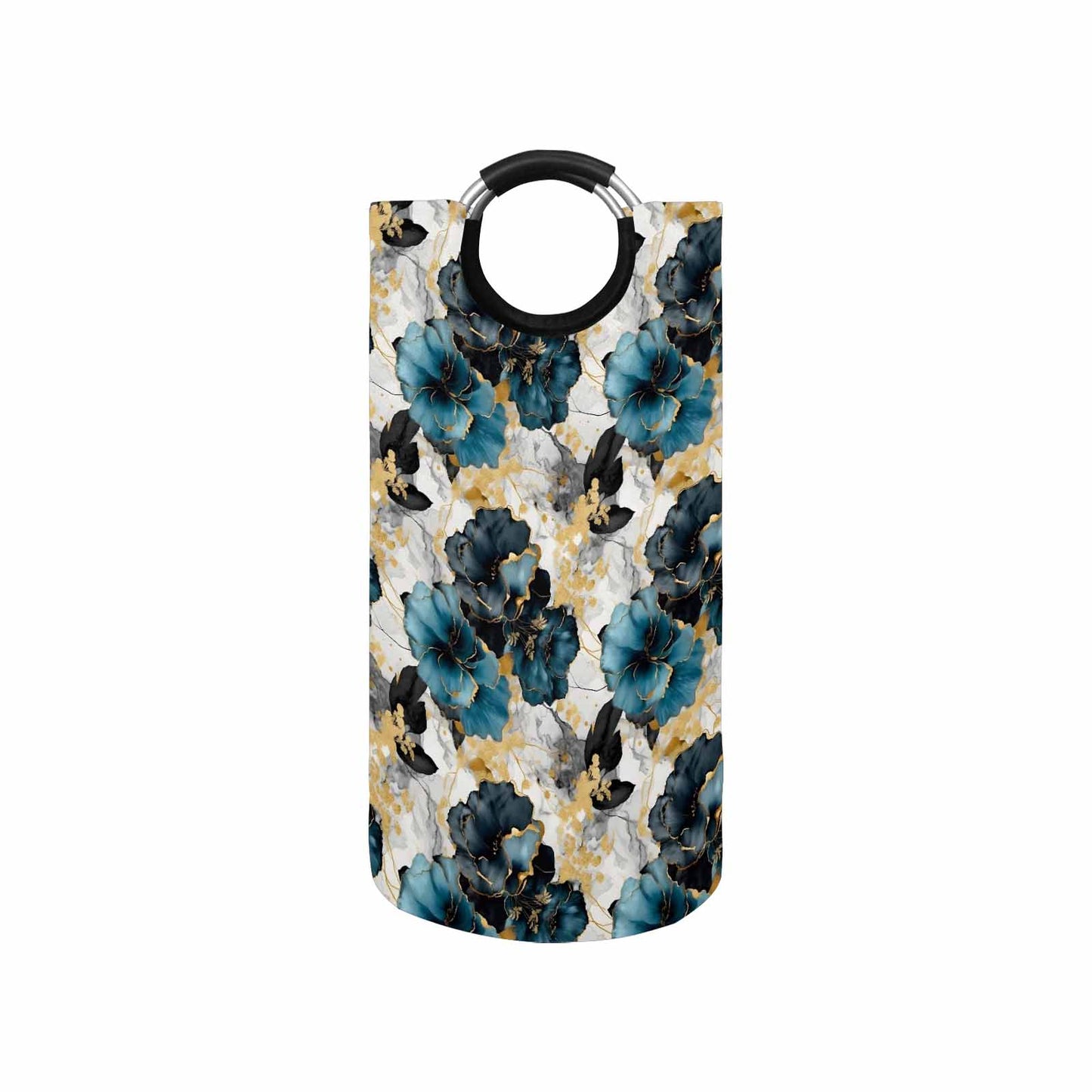 Blue & Gold Ink Floral  Round Laundry Basket