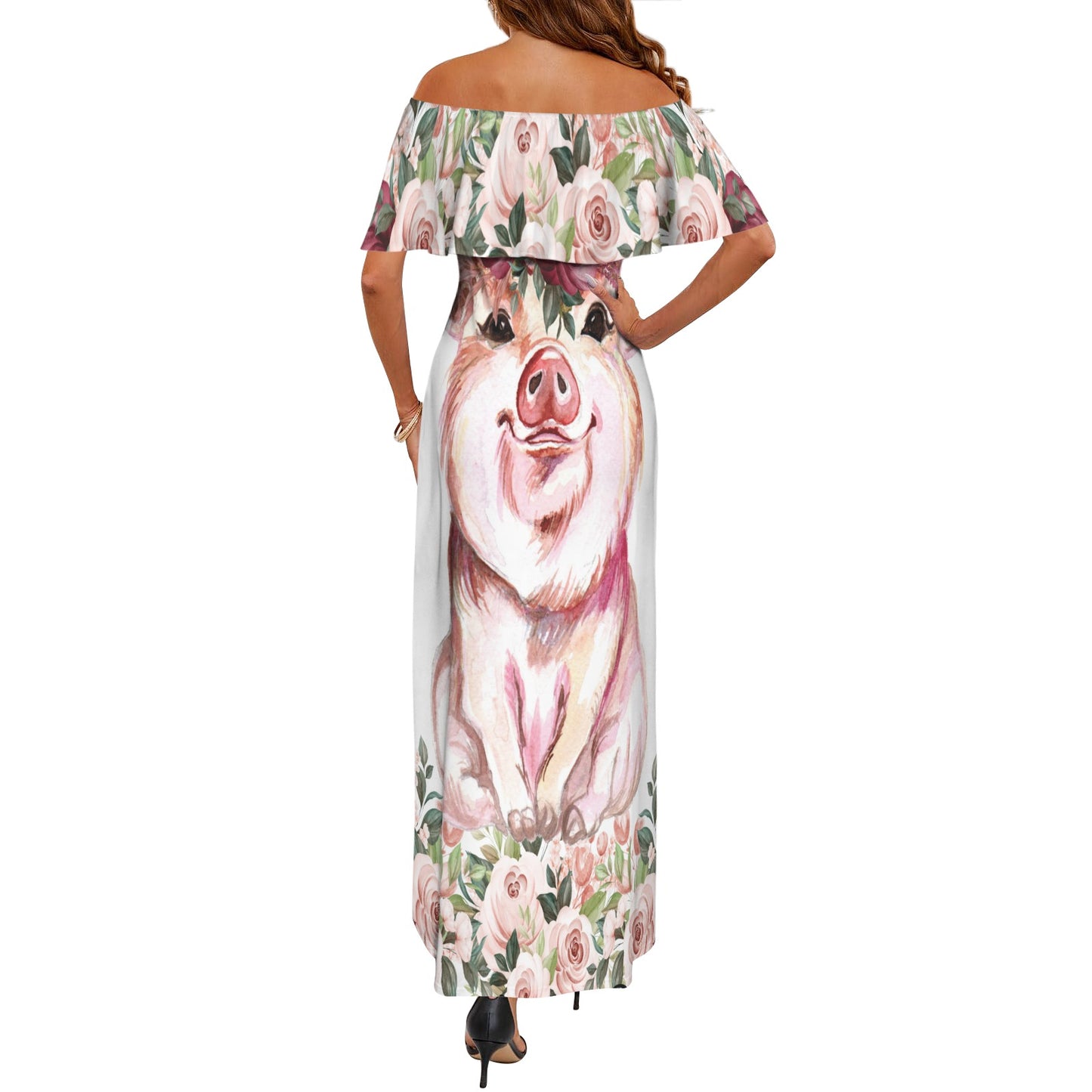 Just a girl who loves pigs awd1375 Women's Off Shoulder Ruffle Boat Neck Dress (Model D71)