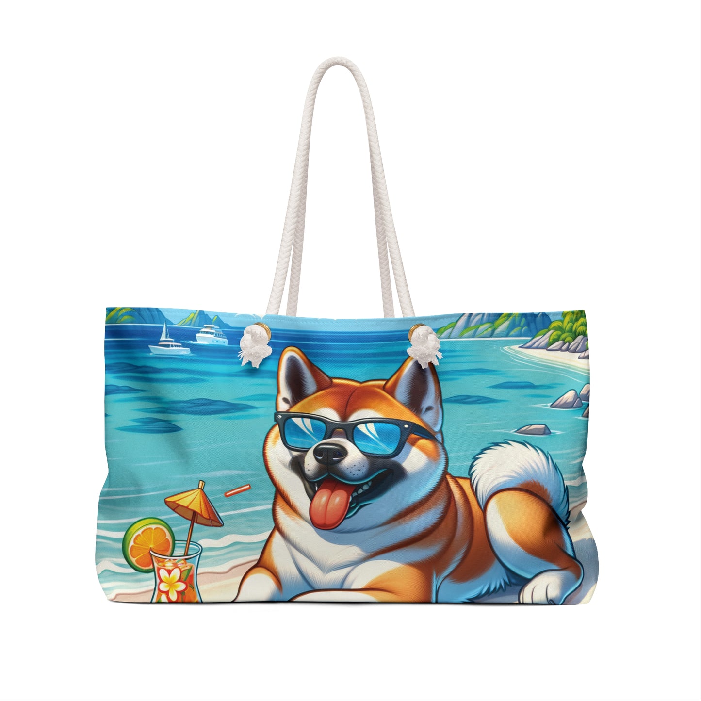 Personalised/Non-Personalised Weekender Bag, Summer Beach Dog, Akita, Large Weekender Bag, Beach Bag, Book Bag