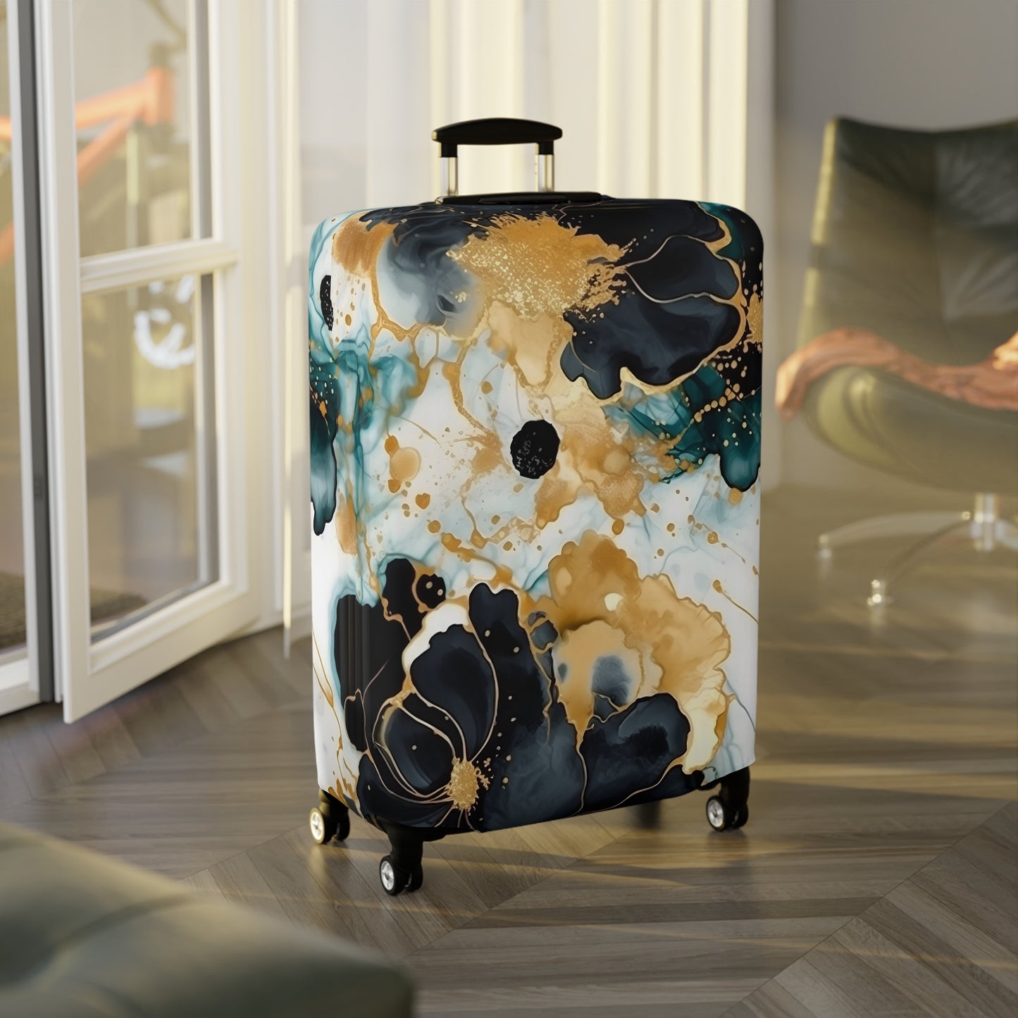 Luggage Cover, Alcohol Ink Black, Green and Gold Floral