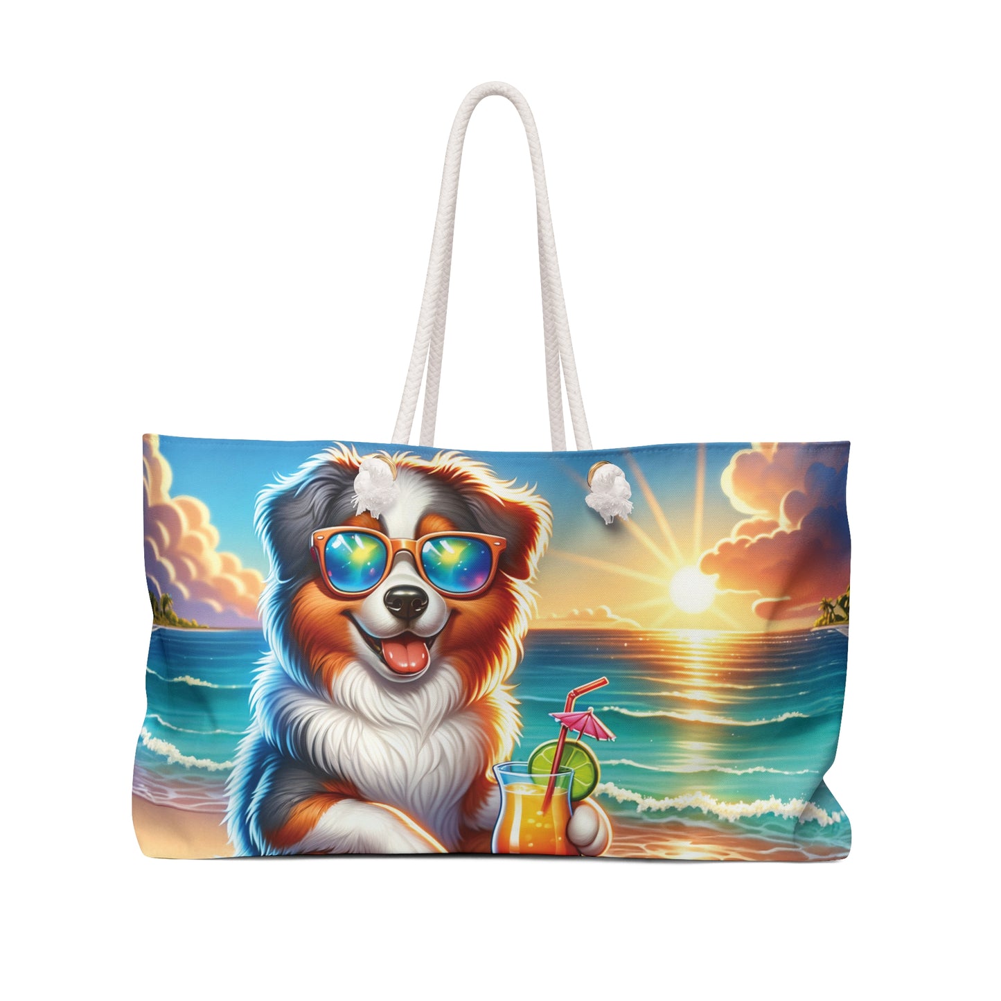 Personalised/Non-Personalised Weekender Bag, Summer Beach Dog, Australian Shepard, Large Weekender Bag, Beach Bag, Book Bag